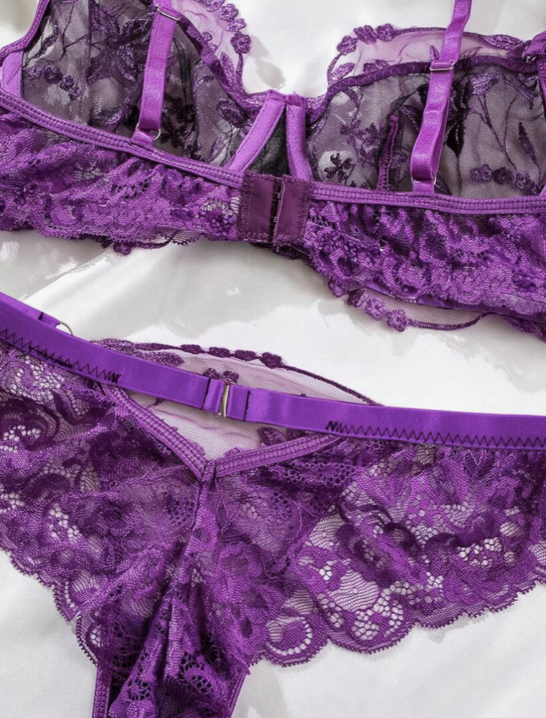 Floral Mesh Underwire Lingerie Set - Purple - Large